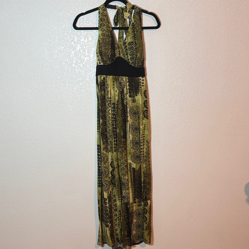 Cocomo Green Batik Print Y2K Style Halter Maxi Dress Size Large Vacation Boho